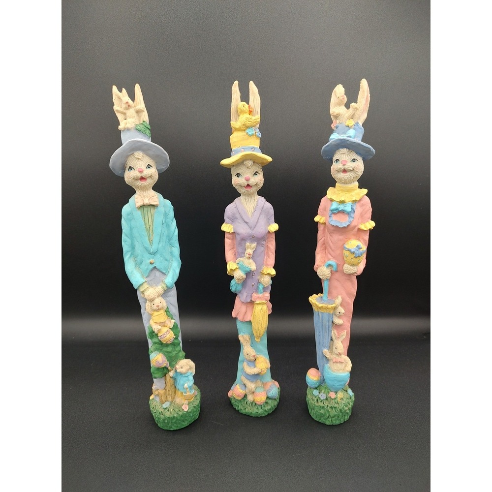 Vintage Style Easter Bunny Figurine Set of 3 Pastel Resin Tall Rabbit Statues